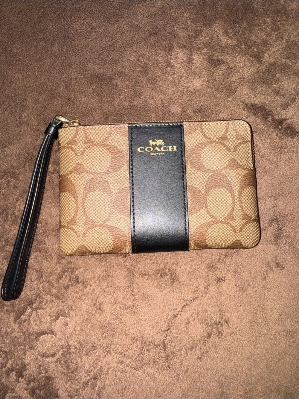Coach Brown Signature Canvas Wristlet with Black Center Stripe